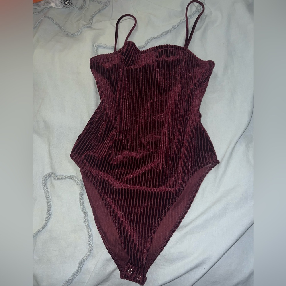 maroon velvet body suit
